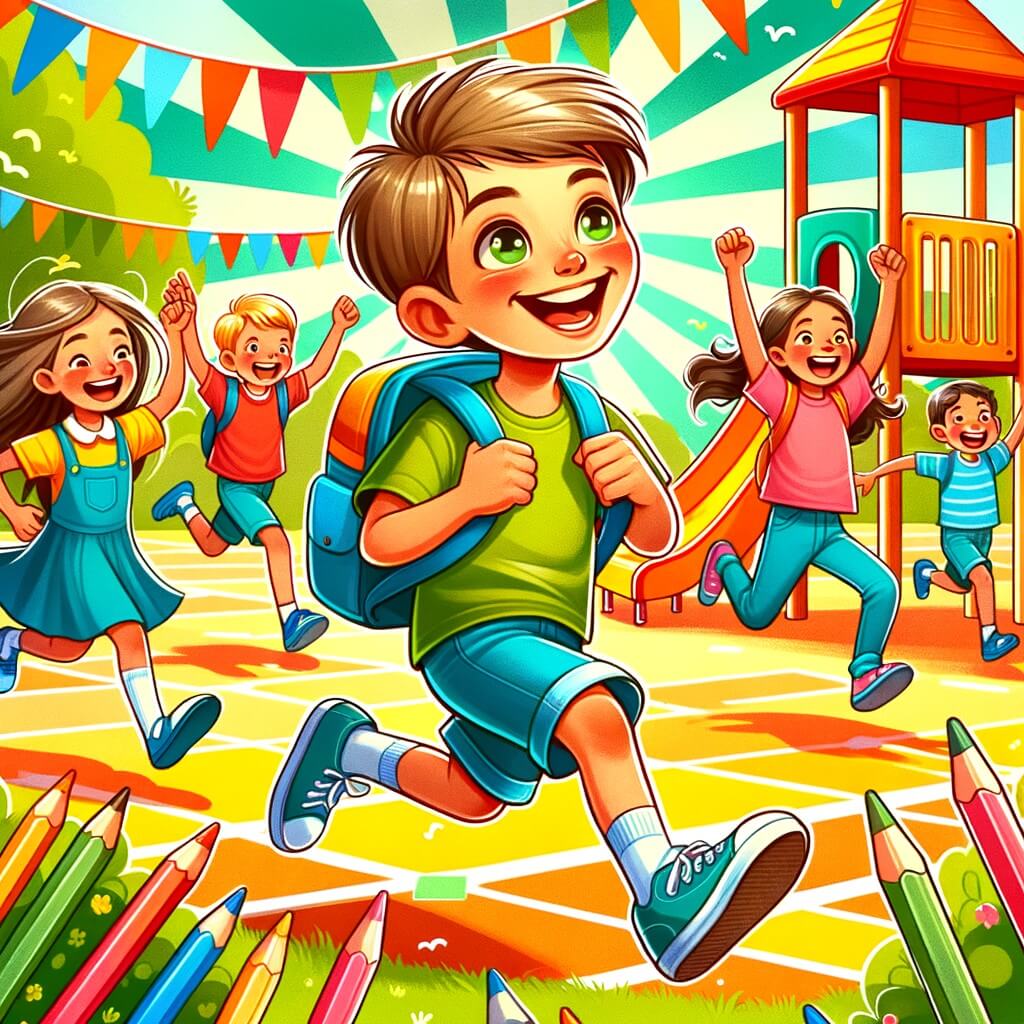 Une illustration destinée aux enfants représentant un petit garçon plein d'énergie, vivant une journée bien remplie à l'école, accompagné de ses amis, dans une cour de récréation colorée et animée.