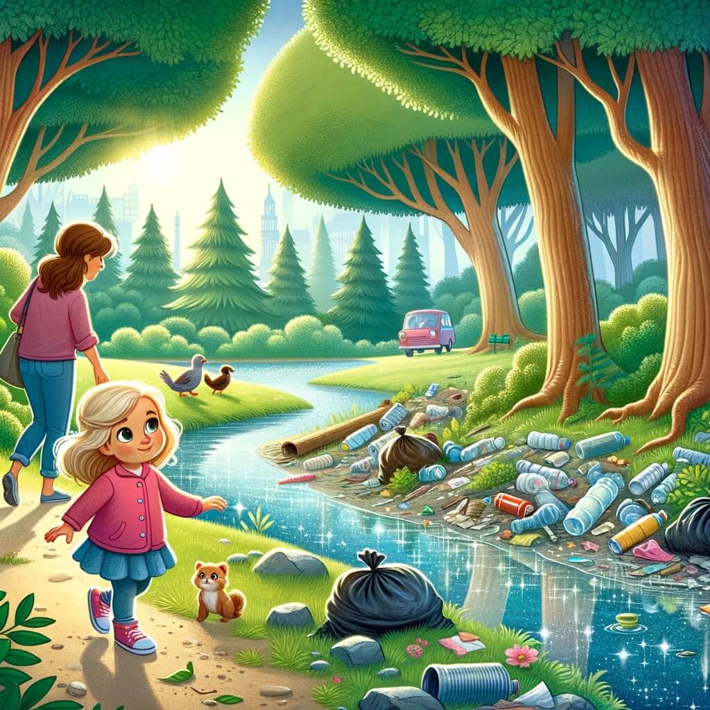 Une illustration destinée aux enfants représentant une petite fille curieuse qui découvre une crique cachée remplie de déchets, accompagnée de sa maman, dans un parc verdoyant avec des arbres majestueux et une rivière scintillante.