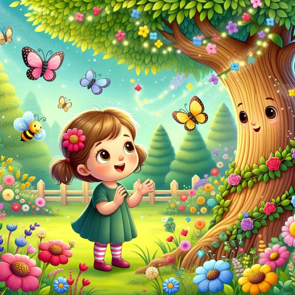 Une illustration destinée aux enfants représentant une petite fille curieuse et pleine d'amour pour la nature, qui rencontre un arbre parlant dans un jardin enchanté rempli de fleurs colorées, de papillons virevoltants et d'abeilles bourdonnantes.