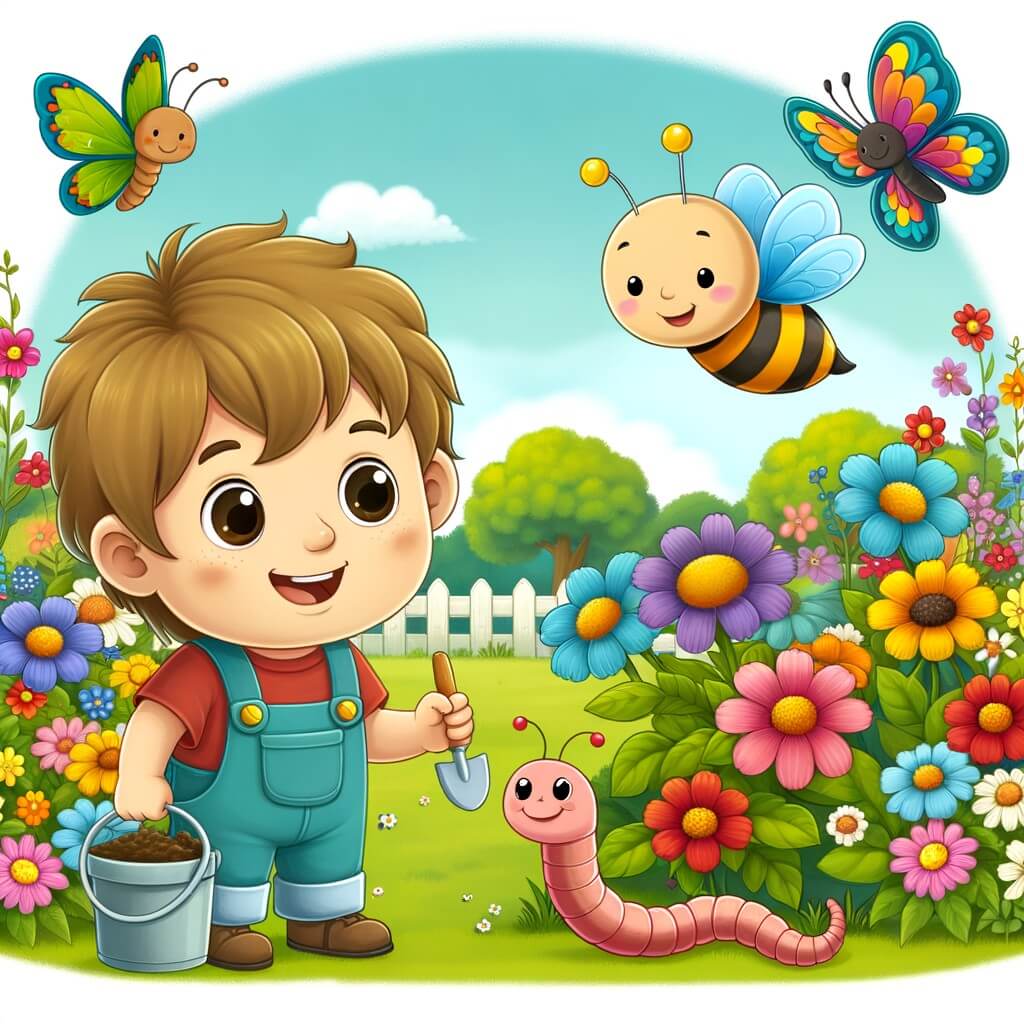Une illustration pour enfants représentant un petit garçon passionné par la nature qui prend soin de son jardin fleuri, plein de vie, dans un quartier chaleureux et coloré.