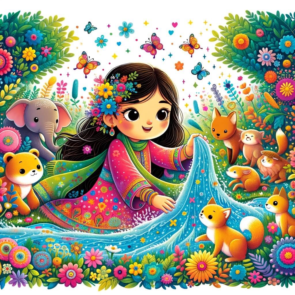 Une illustration destinée aux enfants représentant une petite fille rayonnante, entourée d'animaux et de plantes, découvrant un ruisseau scintillant au milieu d'une prairie fleurie et colorée.
