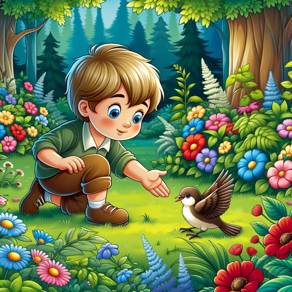 Une illustration destinée aux enfants représentant un petit garçon curieux et aventurier, découvrant un oiseau blessé dans un jardin verdoyant rempli de fleurs multicolores.