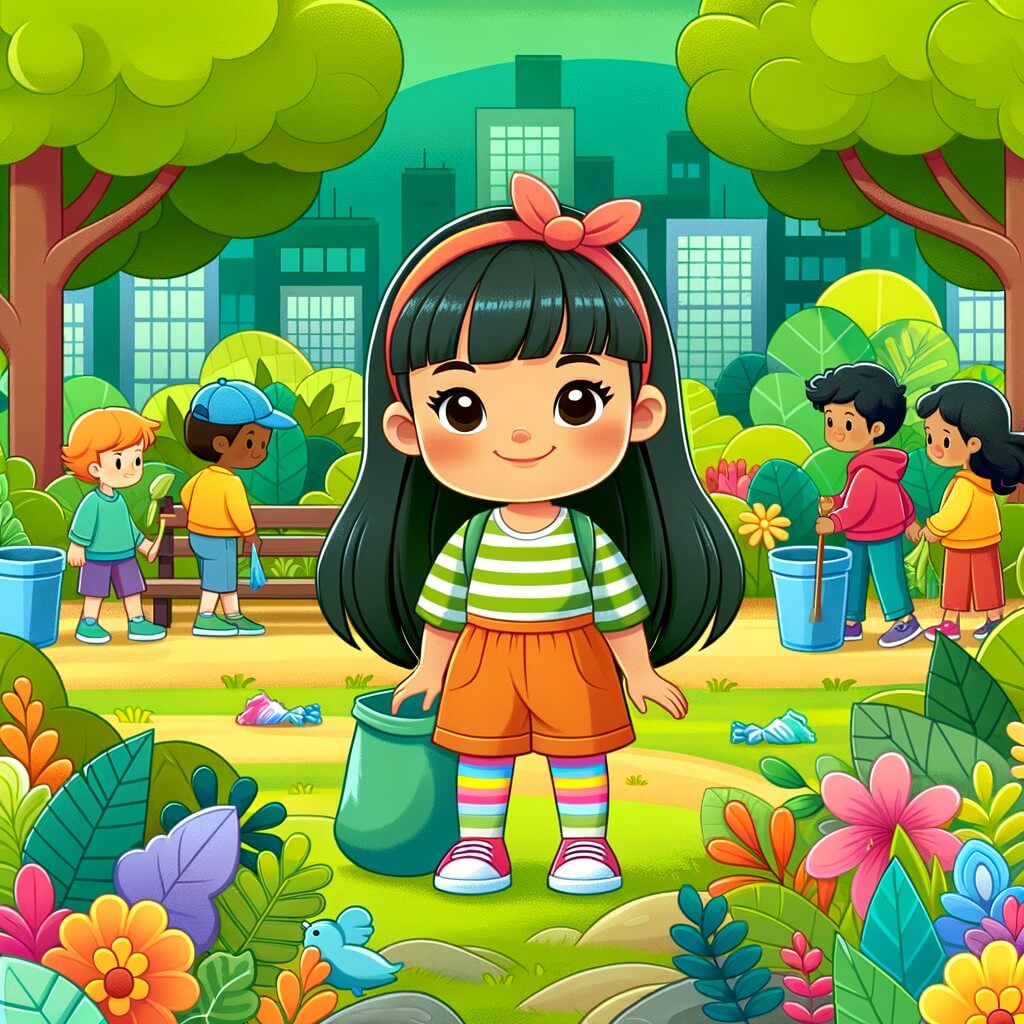 Une illustration pour enfants représentant une petite fille qui aime la nature et qui vit des aventures passionnantes en protégeant l'environnement dans un parc et une forêt.