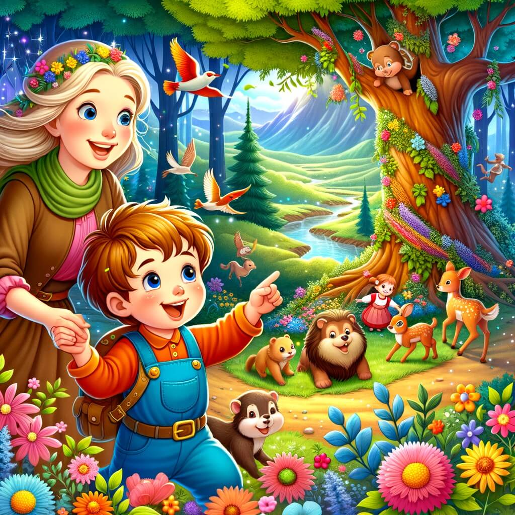 Une illustration destinée aux enfants représentant un petit garçon curieux et plein d'énergie, accompagné de sa maman, dans une forêt enchantée remplie de fleurs colorées, d'arbres majestueux et d'animaux joyeux, où ils découvrent l'importance de prendre soin de la nature et décident d'agir pour protéger cet endroit magique.