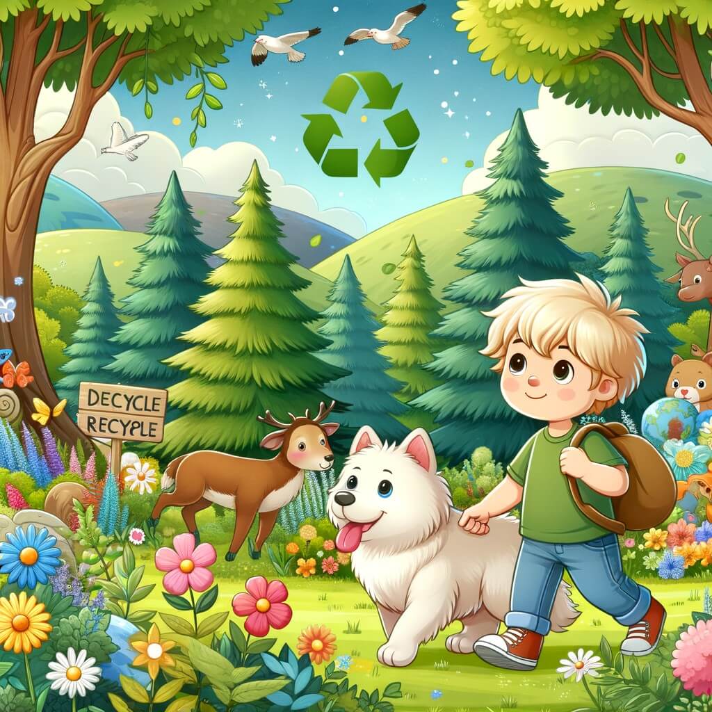 Une illustration destinée aux enfants représentant un petit garçon curieux, accompagné de son chien fidèle, explorant une forêt luxuriante remplie de fleurs colorées, d'arbres majestueux et d'animaux joyeux, dans le but de protéger la nature et d'encourager les autres à recycler.