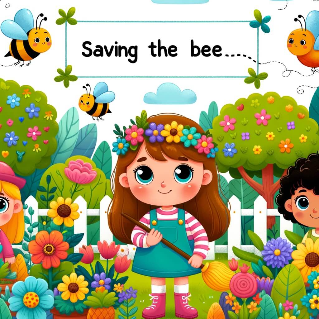 Une illustration destinée aux enfants représentant une petite fille passionnée par l'environnement, qui s'engage à sauver les abeilles avec l'aide de ses amis, dans un jardin coloré rempli de fleurs et de légumes, entouré d'arbres verdoyants et d'oiseaux joyeux.