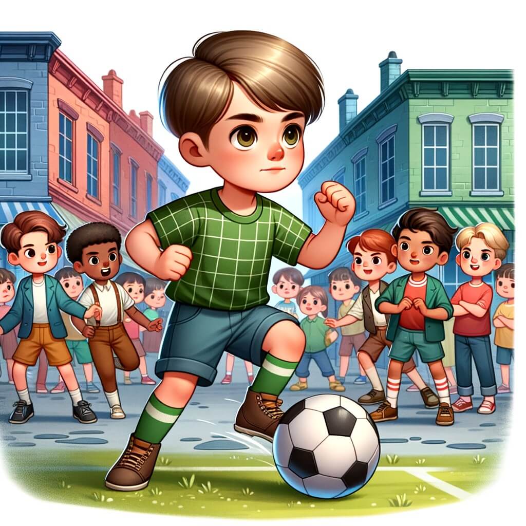 Une illustration pour enfants représentant un petit garçon courageux et déterminé qui défie les stéréotypes de genre lors d'une compétition de football dans un quartier animé.