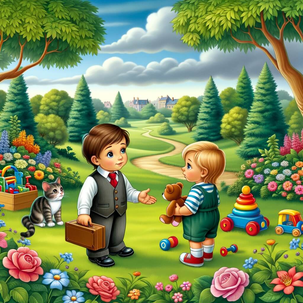 Une illustration destinée aux enfants représentant un petit garçon curieux, entouré de jouets, qui fait la rencontre d'une petite fille solitaire dans un parc verdoyant, où des fleurs colorées et des arbres majestueux bordent un chemin sinueux.