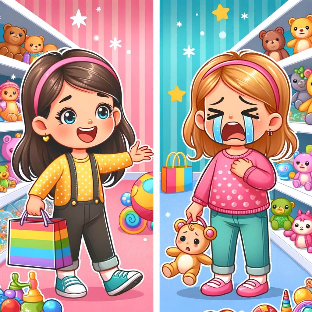 Une illustration destinée aux enfants représentant une petite fille curieuse et pleine de vie, découvrant l'égalité des sexes lorsqu'elle rencontre une autre petite fille en pleurs dans un grand magasin rempli de jouets colorés et étincelants.
