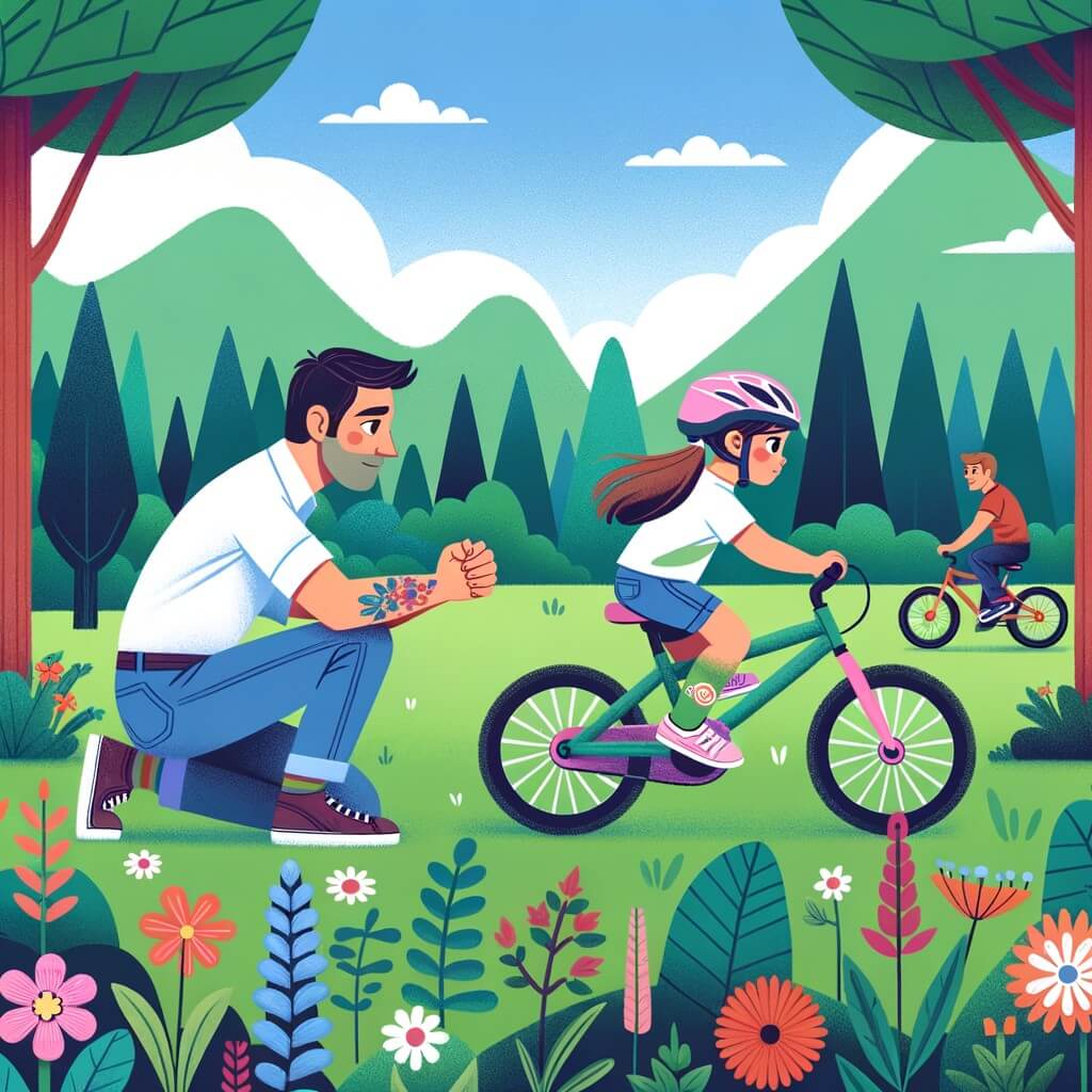 Une illustration pour enfants représentant une petite fille déterminée à prouver que les filles sont aussi fortes que les garçons, lors d'une course de vélo qui se déroule dans un parc.