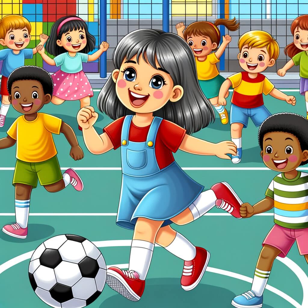 Une illustration destinée aux enfants représentant une petite fille souriante, entourée de garçons et de filles, jouant joyeusement au football dans une cour d'école colorée et animée.