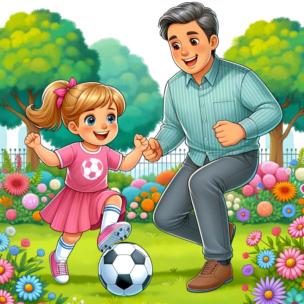 Une illustration pour enfants représentant une petite fille passionnée de football qui doit surmonter les stéréotypes de genre pour jouer avec les garçons, dans un parc près de sa maison.