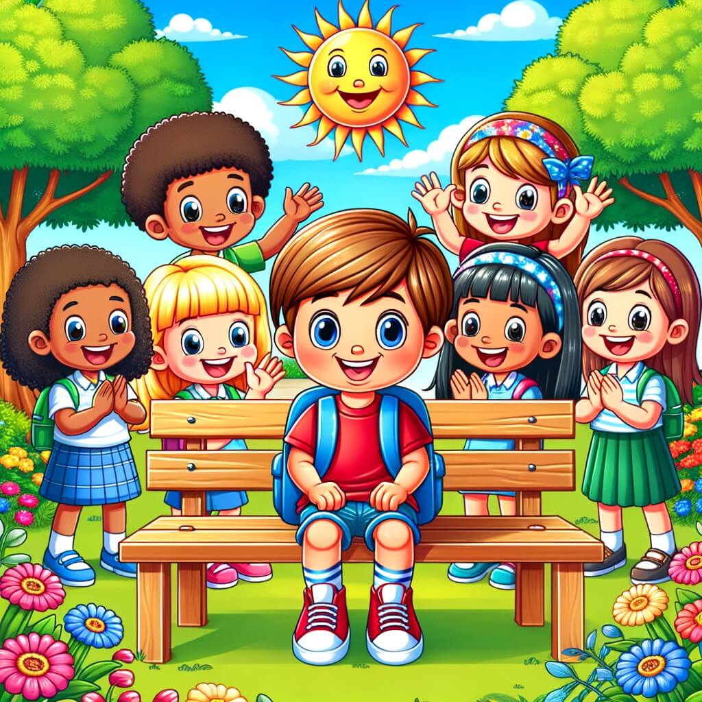 Une illustration destinée aux enfants représentant un petit garçon enthousiaste, entouré de ses amis, découvrant une nouvelle camarade de classe, une fille souriante aux cheveux longs, assis sur un banc en bois dans une cour d'école colorée, avec des arbres verts, des fleurs multicolores et un grand soleil brillant dans le ciel bleu.