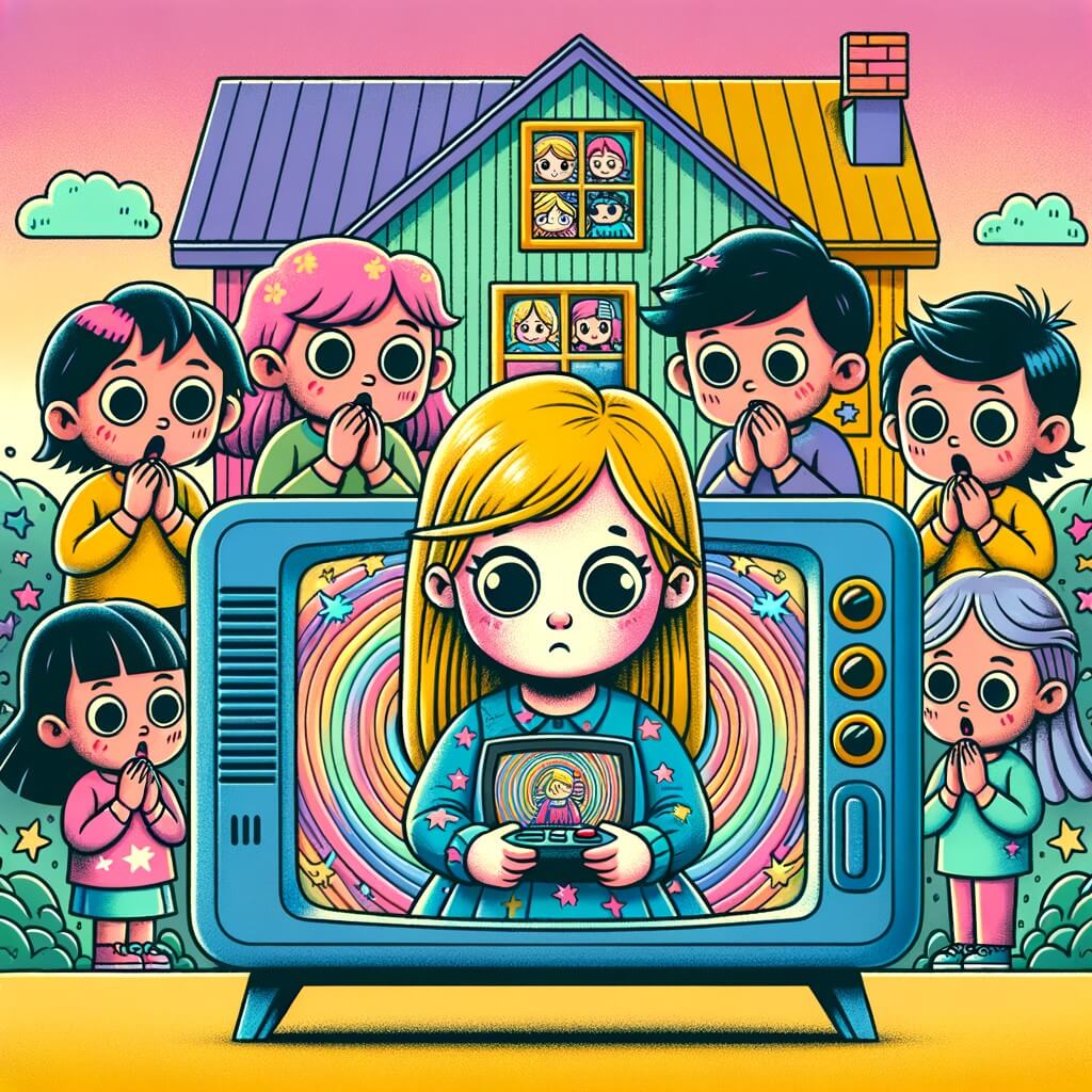 Une illustration destinée aux enfants représentant une petite fille curieuse, captivée par un écran, entourée d'autres enfants hypnotisés, dans une maison colorée avec une grande télévision diffusant un dessin animé.