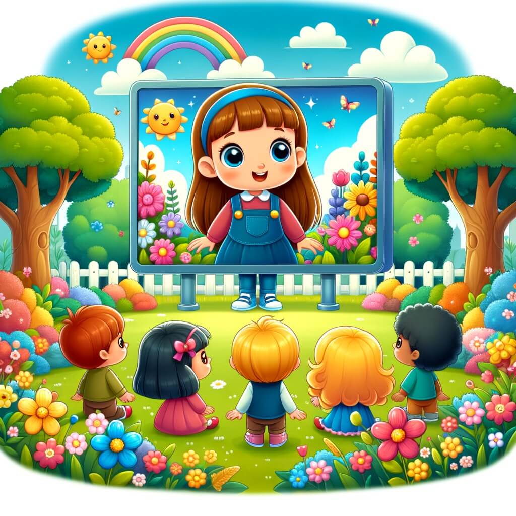 Une illustration destinée aux enfants représentant une petite fille curieuse, entourée d'amis et d'une petite sœur, dans un parc coloré rempli de fleurs et d'arbres, face à un écran géant qui attire leur attention.