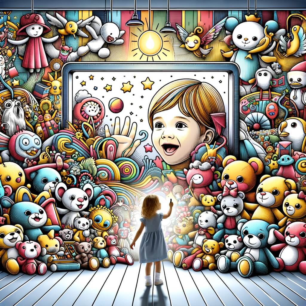Une illustration destinée aux enfants représentant une petite fille captivée par un écran, entourée d'une multitude de personnages animés, dans une chambre lumineuse remplie de peluches colorées.