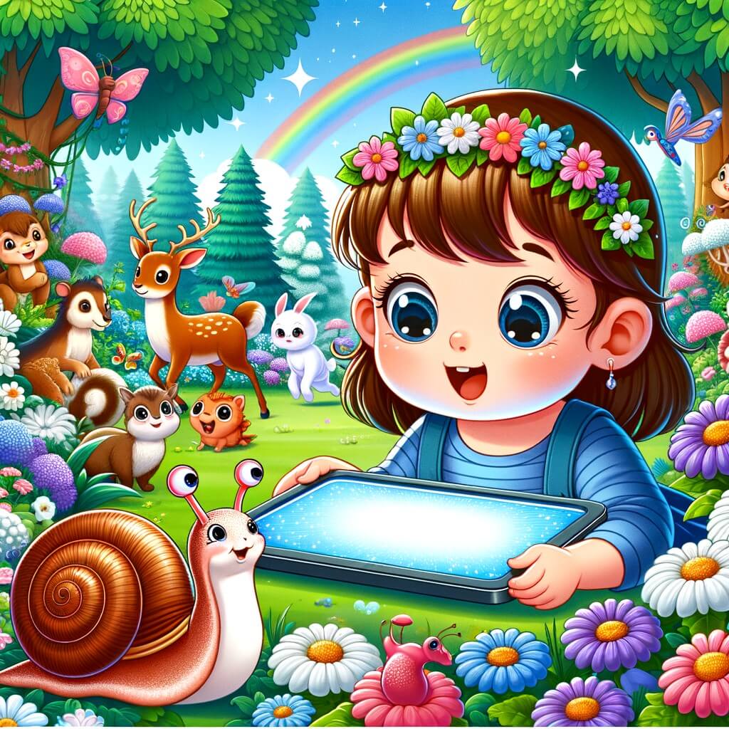 Une illustration destinée aux enfants représentant une petite fille curieuse, captivée par un écran brillant, accompagnée d'un adorable escargot, dans un magnifique jardin fleuri entouré d'arbres majestueux et d'animaux joyeux.