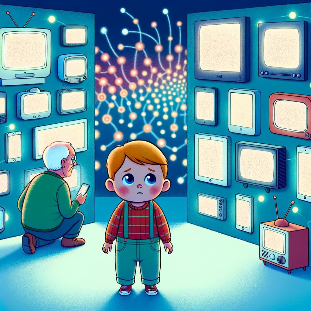 Une illustration destinée aux enfants représentant un petit garçon perdu dans une mer d'écrans, accompagné d'un personnage secondaire bienveillant qui l'observe attentivement, dans une chambre aux murs tapissés de télévisions et de tablettes lumineuses.