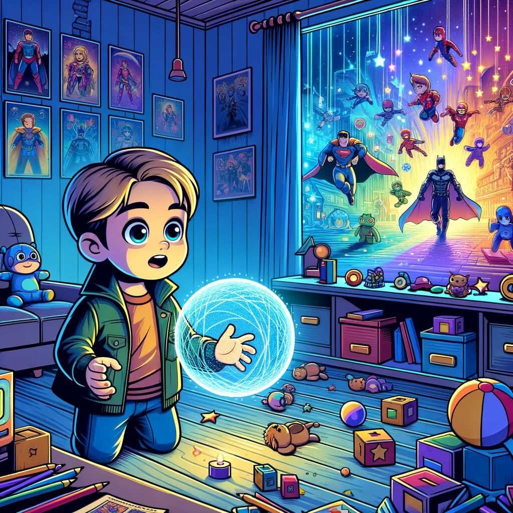 Une illustration destinée aux enfants représentant un petit garçon curieux, entouré d'écrans lumineux, découvrant un monde enchanté rempli de couleurs vives, dans une chambre aux murs ornés de posters de super-héros et de jouets éparpillés.
