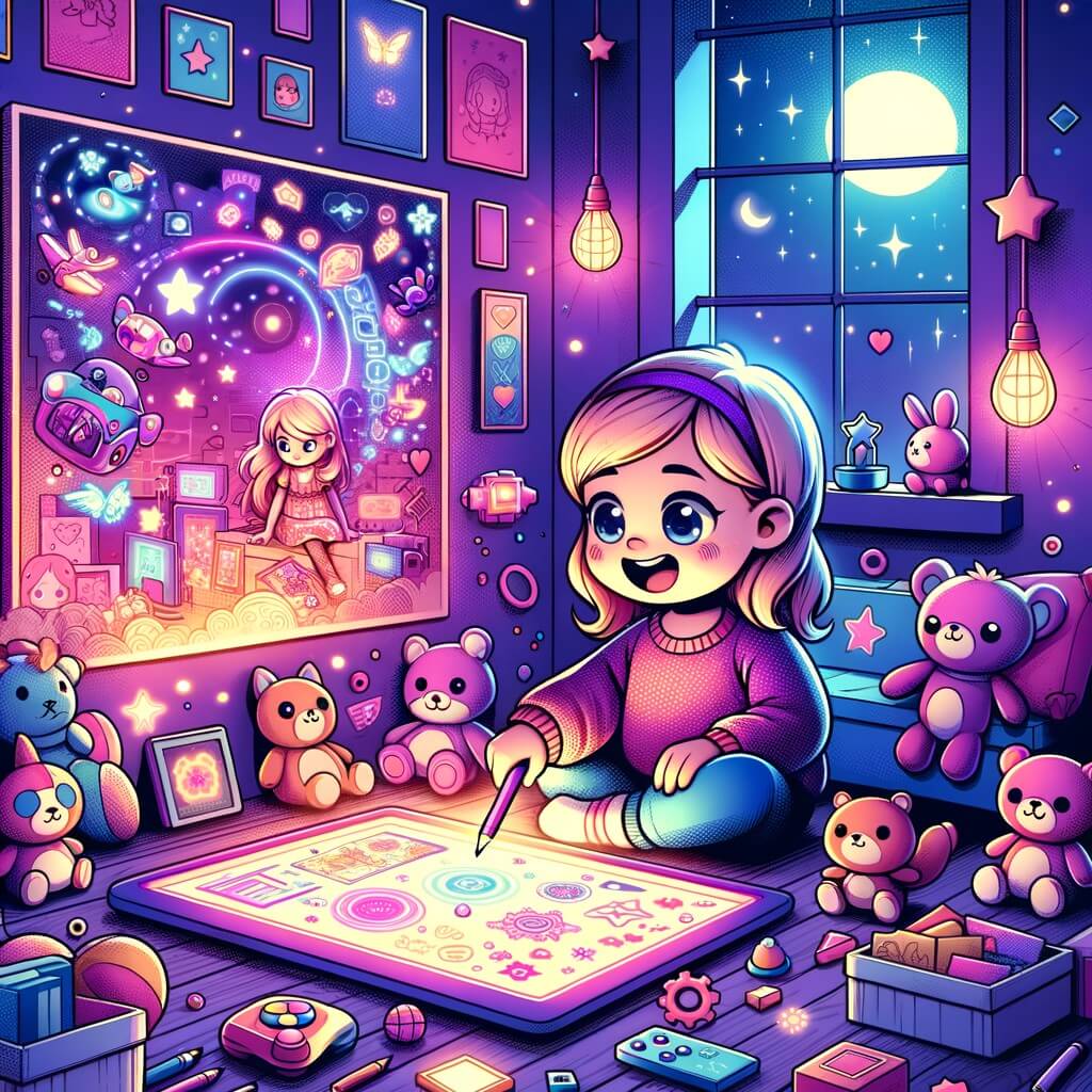 Une illustration destinée aux enfants représentant une petite fille, captivée par un écran coloré, entourée de dessins animés et de jouets électroniques, dans une chambre remplie de peluches et de posters lumineux.