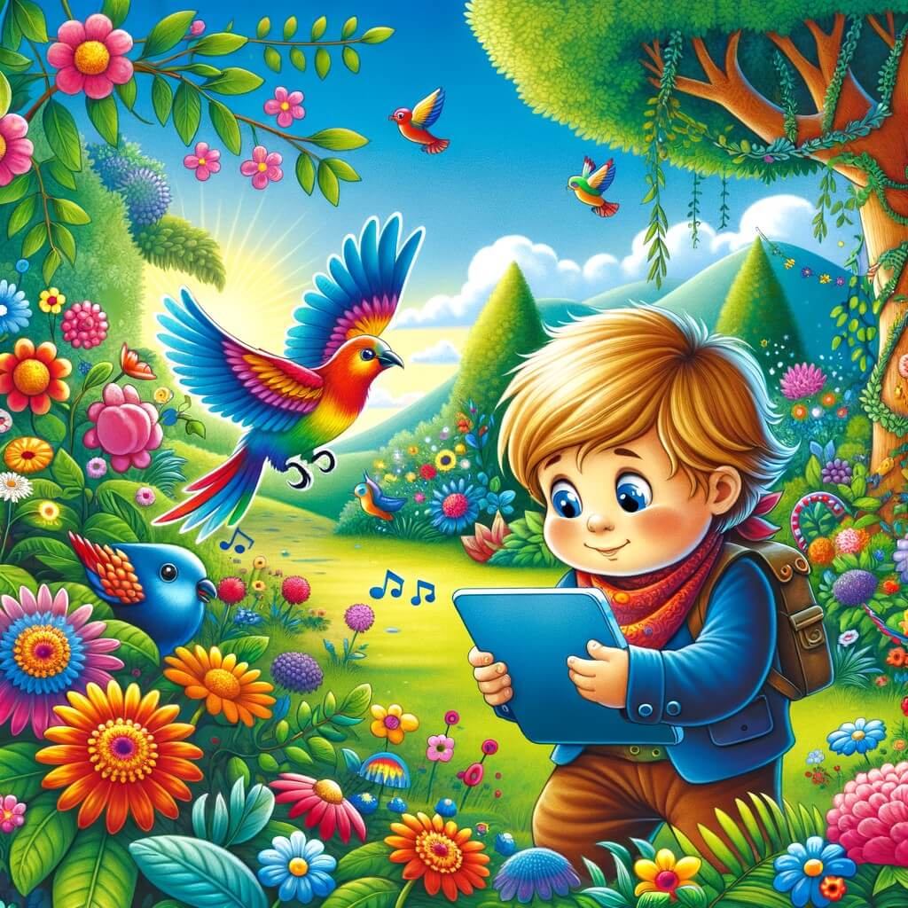 Une illustration pour enfants représentant un petit garçon qui passe des heures devant sa tablette et sa console de jeux, oubliant de jouer dehors avec ses amis, dans une maison banale et ordinaire.