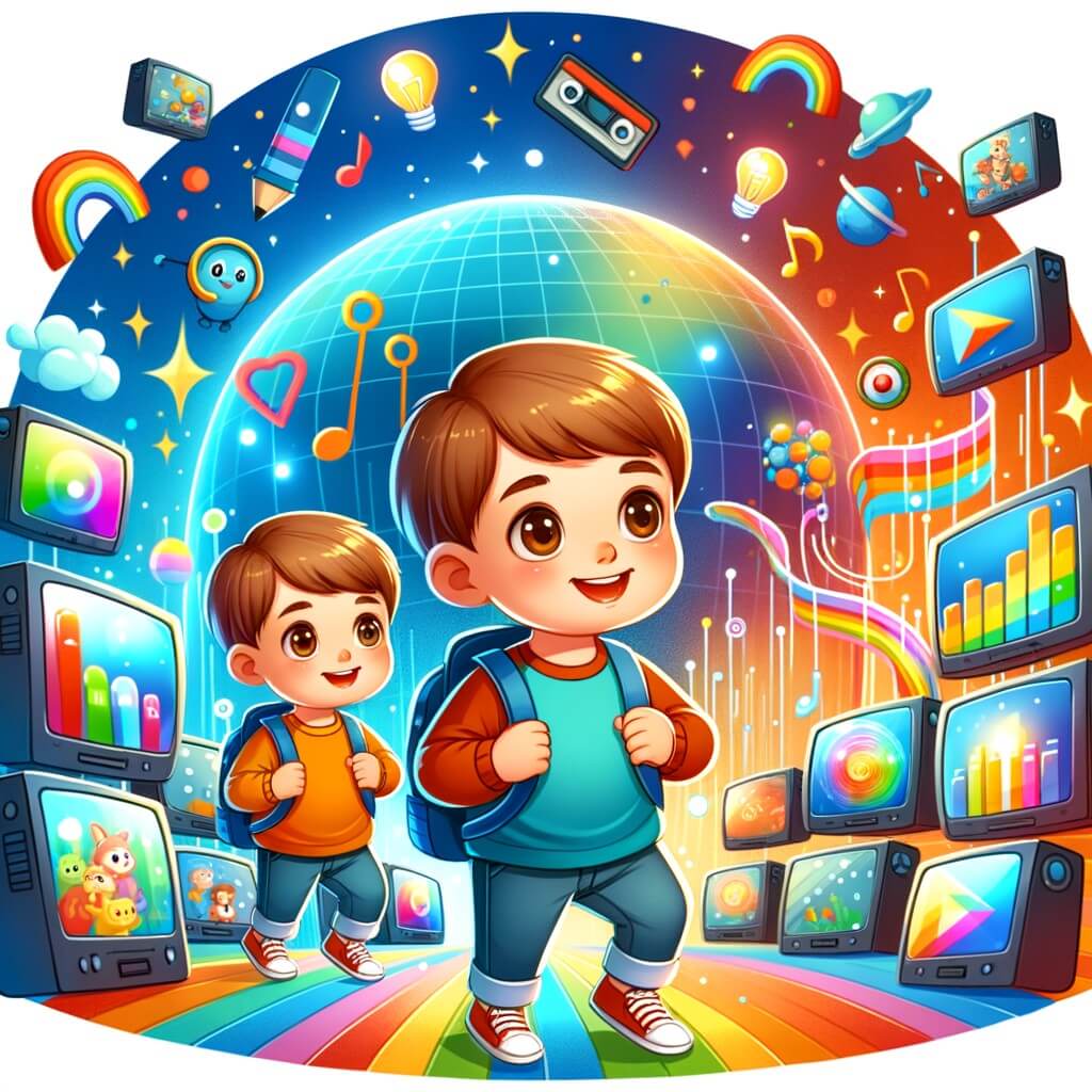 Une illustration destinée aux enfants représentant un petit garçon curieux, accompagné d'un personnage secondaire, découvrant un monde coloré d'écrans dans une pièce remplie de lumières vives et de bruits amusants.