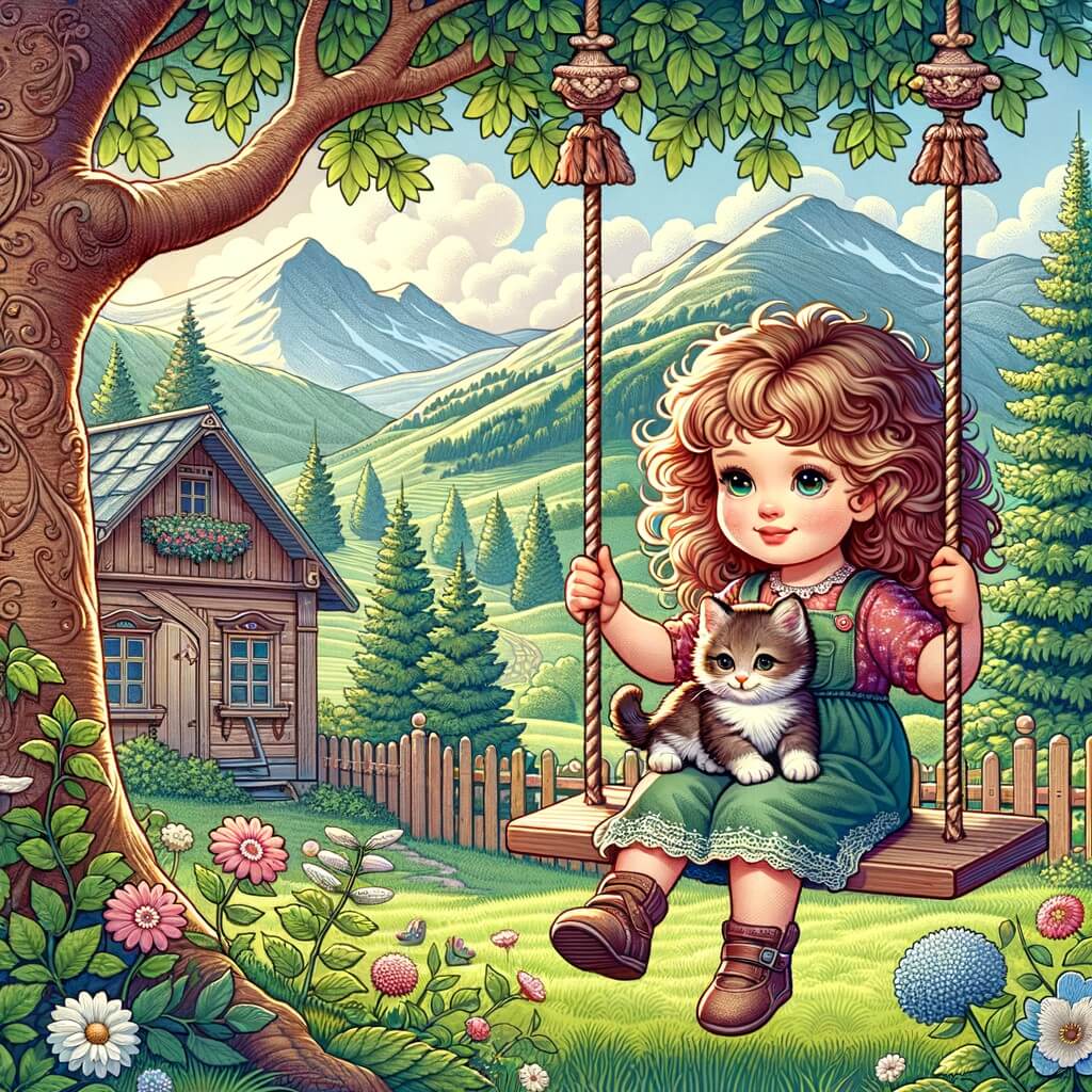 Une illustration pour enfants représentant une petite fille grincheuse qui se retrouve à passer l'été dans la maison de sa grand-mère à la campagne, mais qui finit par découvrir la beauté de la nature et la valeur de la famille.
