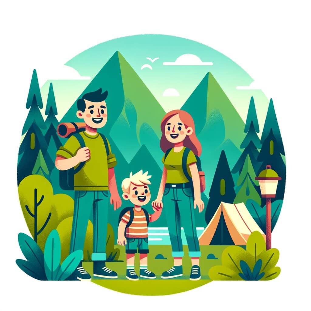Une illustration destinée aux enfants représentant un petit garçon joyeux et curieux, accompagné de ses parents, découvrant les merveilles de la nature lors d'un voyage en camping au cœur des majestueuses montagnes verdoyantes.