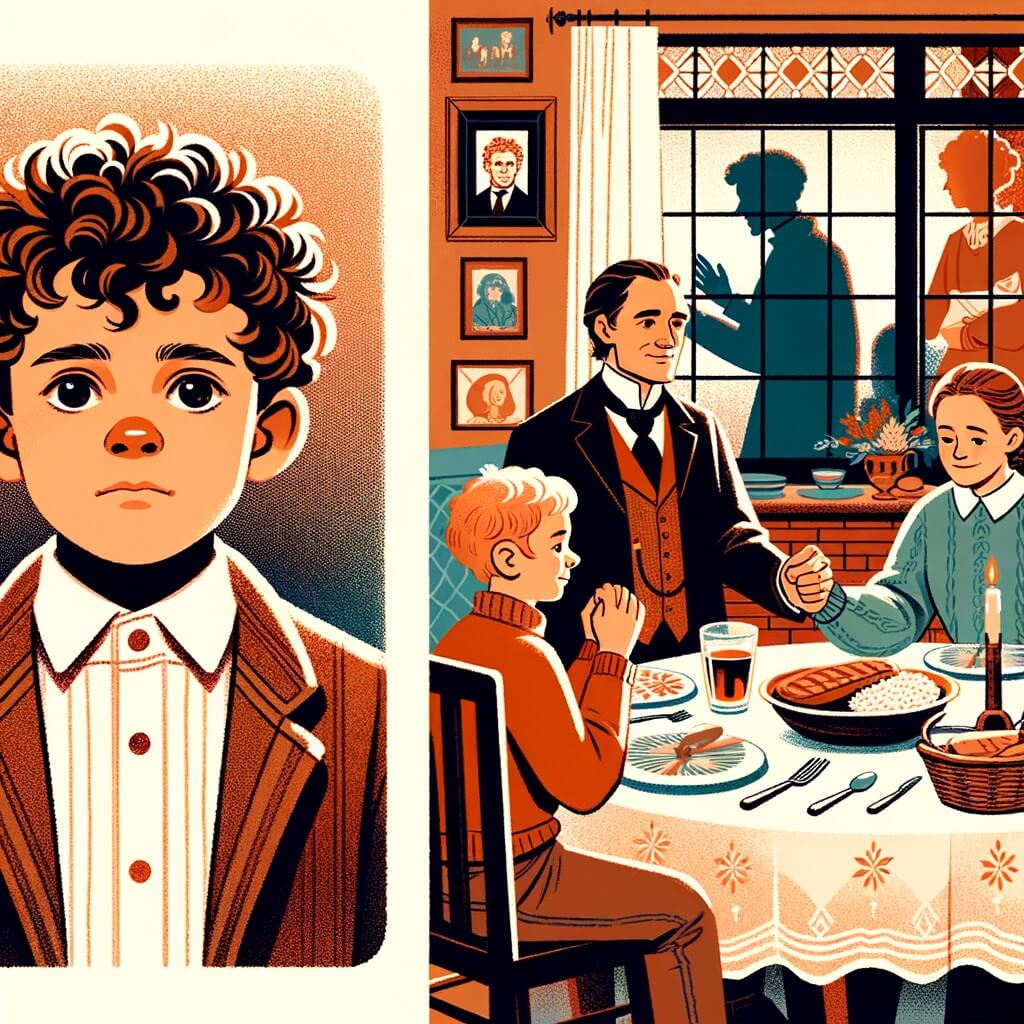 Une illustration destinée aux enfants représentant un petit garçon timide et réservé, confronté à des disputes entre ses parents, avec pour personnage secondaire son ami Max, dans une maison chaleureuse avec une table dressée pour un repas en famille.