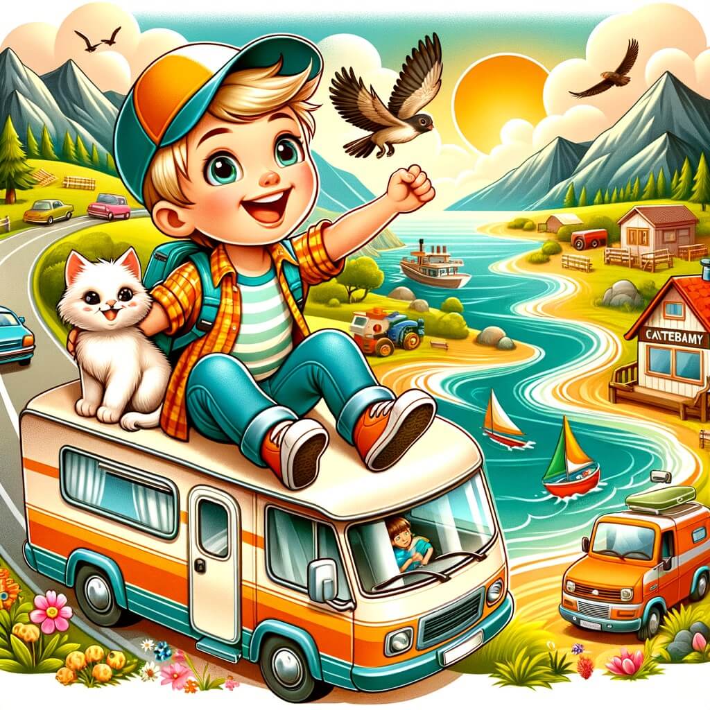Une illustration destinée aux enfants représentant un petit garçon plein d'énergie, vivant des aventures palpitantes pendant les vacances d'été, accompagné d'un adorable chaton, dans un camping-car coloré parcourant des paysages magnifiques entre la mer, les montagnes et une ferme animée.