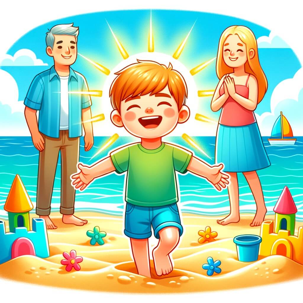 Une illustration destinée aux enfants représentant un petit garçon rayonnant de joie, les pieds dans le sable chaud, accompagné de ses parents, sur une plage ensoleillée bordée d'une mer turquoise et entourée de châteaux de sable colorés.