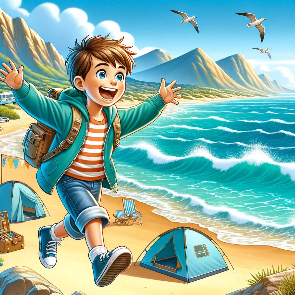 Une illustration destinée aux enfants représentant un petit garçon plein d'enthousiasme, vivant des aventures palpitantes avec ses nouveaux amis dans un camping en bord de mer aux eaux turquoise et au sable doré.