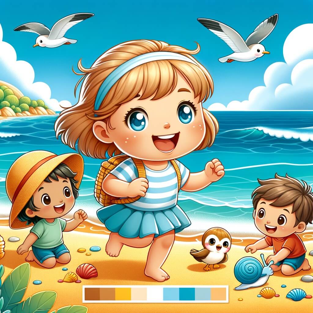 Une illustration pour enfants représentant une petite fille joyeuse et curieuse qui part en vacances à la plage avec sa famille et découvre de nouveaux amis et expériences merveilleuses.