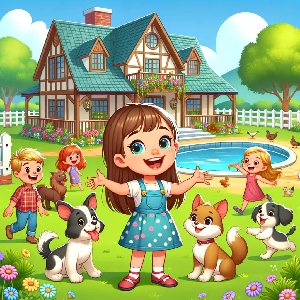 Une illustration pour enfants représentant une petite fille pleine d'enthousiasme qui part en vacances d'été dans une maison de campagne entourée de champs verdoyants et de collines.