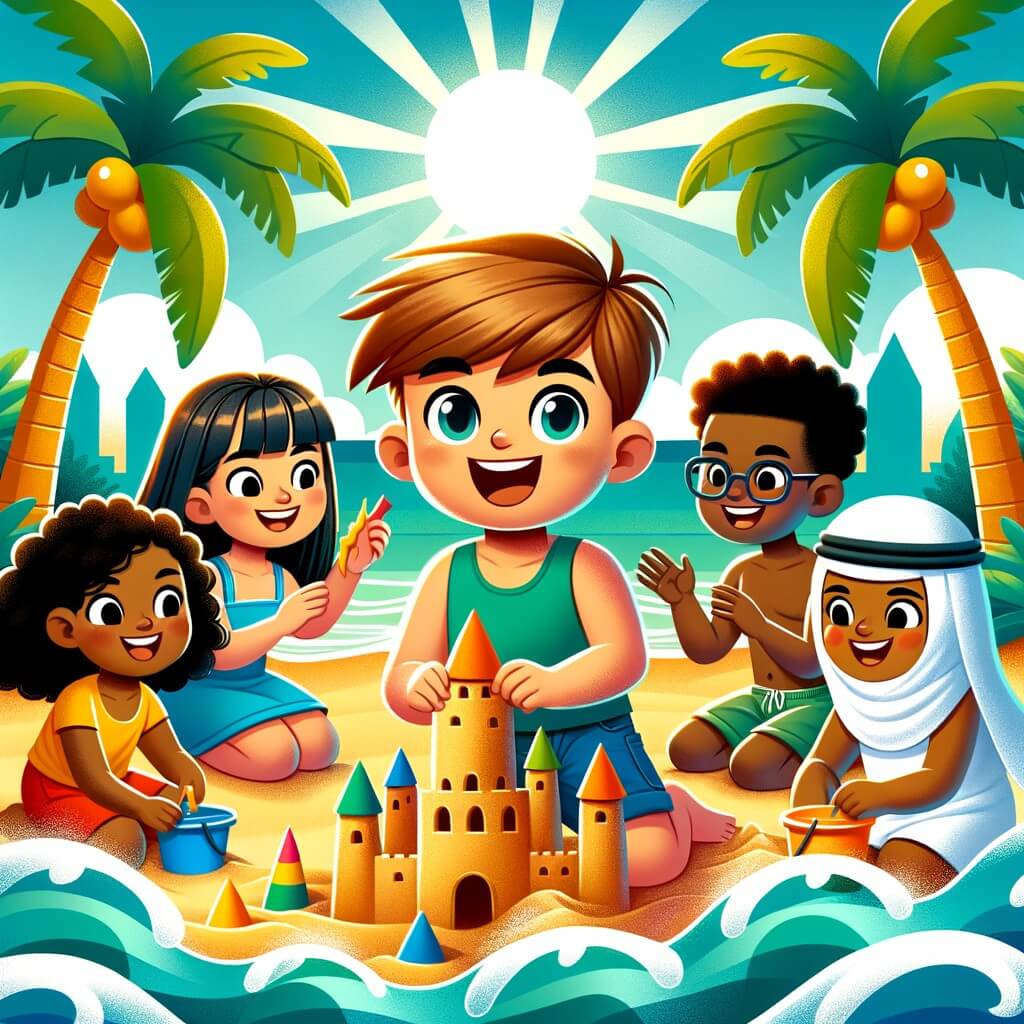 Une illustration destinée aux enfants représentant un petit garçon plein d'excitation, entouré de ses amis, construisant des châteaux de sable sur une plage ensoleillée bordée de palmiers et de vagues turquoise.
