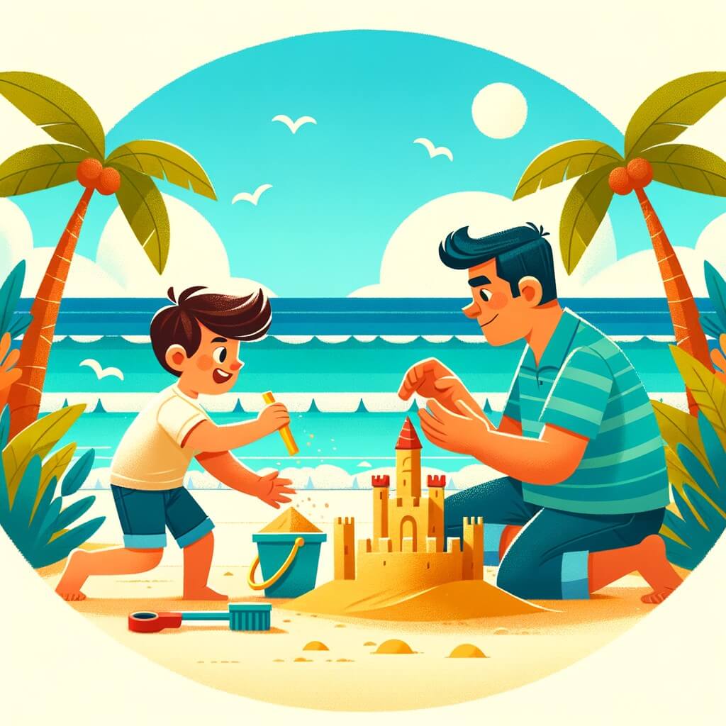 Une illustration destinée aux enfants représentant un petit garçon plein d'enthousiasme, les pieds dans le sable chaud, construisant un château de sable avec l'aide de son papa, sur une plage ensoleillée bordée d'une mer bleu azur et entourée de palmiers majestueux.