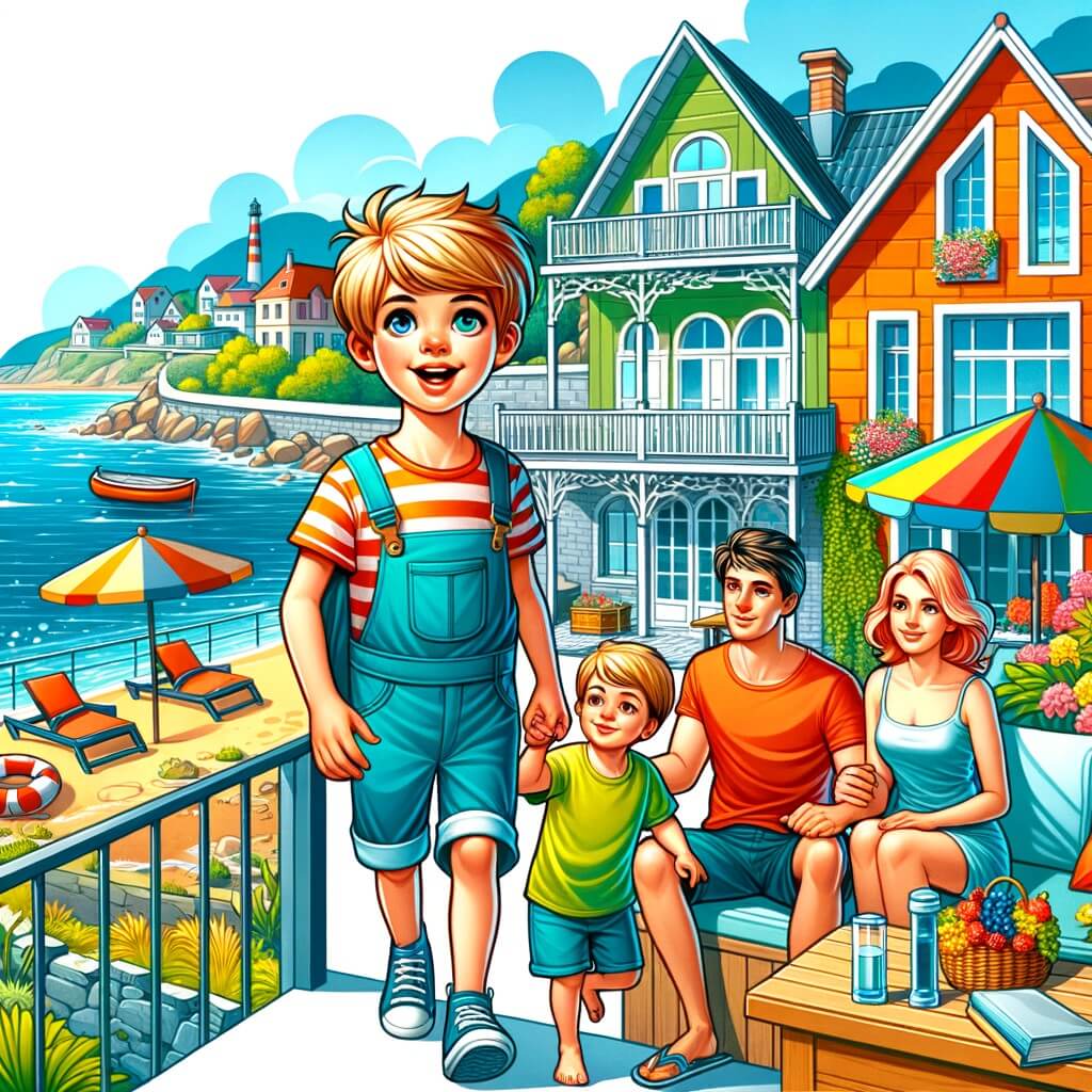 Une illustration destinée aux enfants représentant un petit garçon plein d'enthousiasme, vivant des aventures estivales avec sa famille, accompagné d'un petit frère, dans un village pittoresque au bord de la mer, avec une maison colorée et une grande terrasse offrant une vue magnifique sur l'océan.