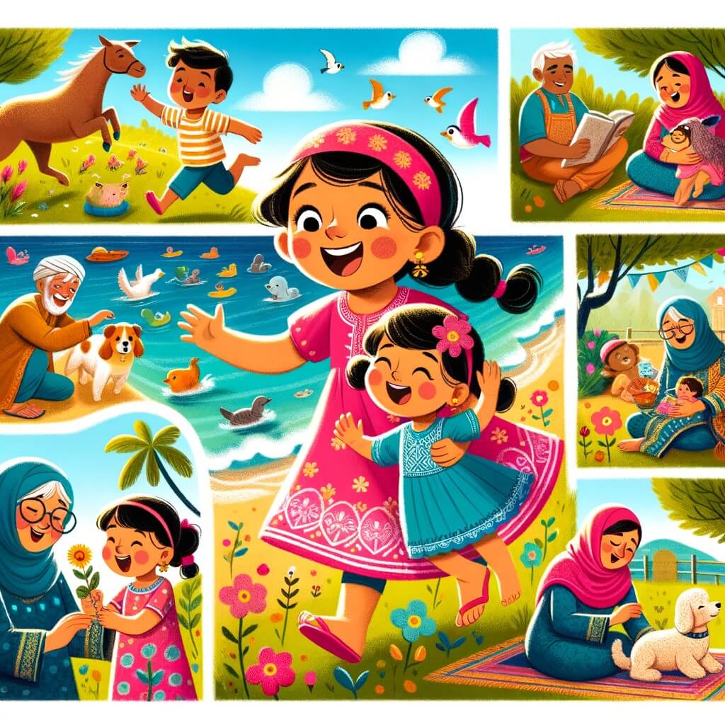 Une illustration pour enfants représentant une petite fille qui passe un été inoubliable avec sa mamie, en découvrant de nouveaux amis et en explorant des endroits merveilleux tels que le parc, la plage et la ferme.