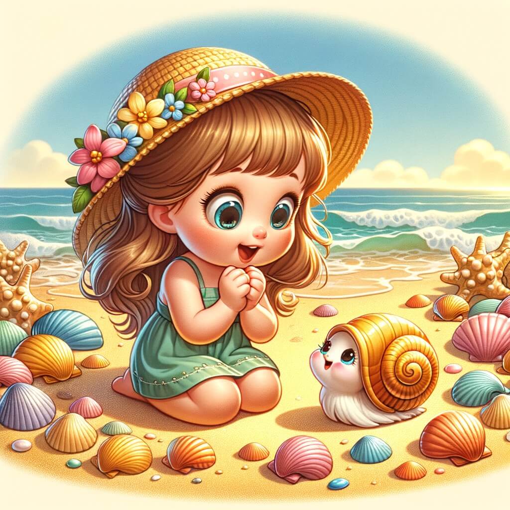 Une illustration destinée aux enfants représentant une petite fille émerveillée, entourée de coquillages et de sable doré, qui rencontre un nouvel ami sur une plage ensoleillée lors de ses vacances d'été au bord de la mer.