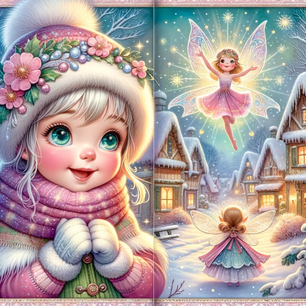 Une illustration destinée aux enfants représentant une petite fille pleine d'énergie, émerveillée par la neige qui scintille dans un petit village hivernal, accompagnée d'une fée étincelante dans un bois enchanté.