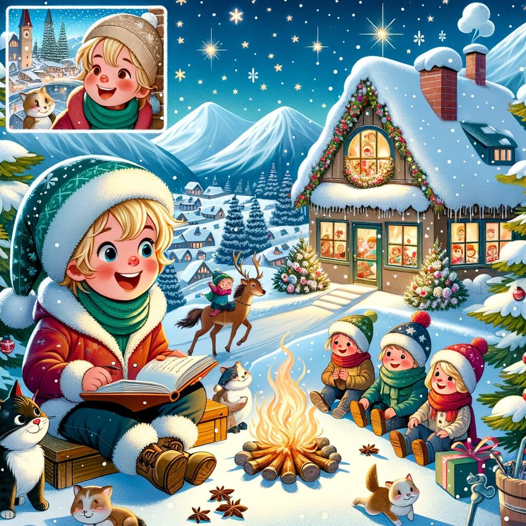 Une illustration destinée aux enfants représentant un petit garçon plein d'énergie, vivant dans un village enneigé entouré de montagnes, et partageant des moments magiques avec ses amis lors d'un hiver enchanteur.