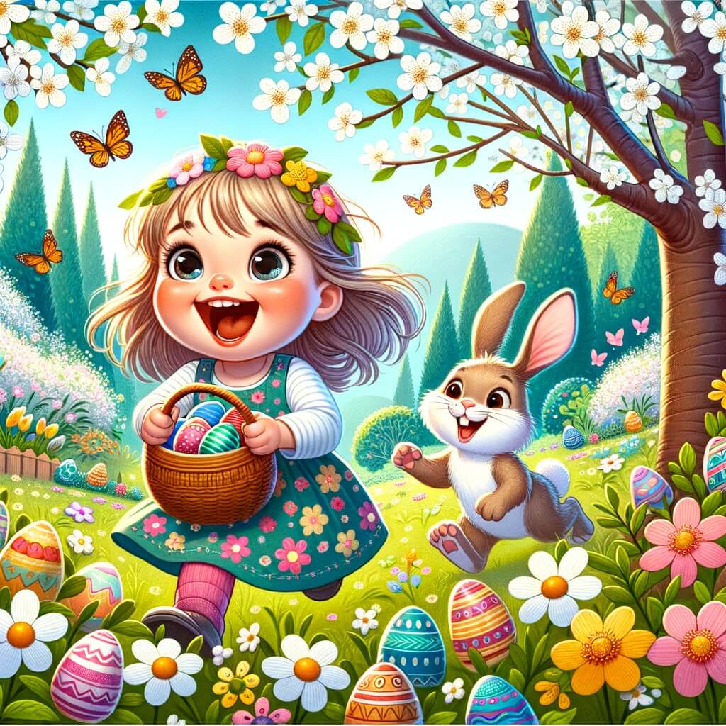 Une illustration pour enfants représentant une petite fille passionnée par Pâques qui cherche des œufs en chocolat dans un jardin mystérieux.