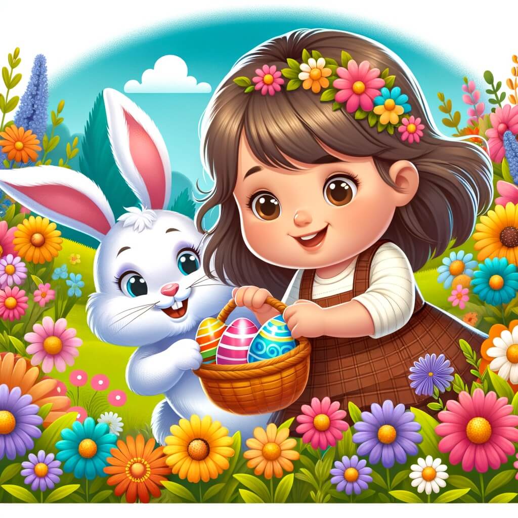 Une illustration destinée aux enfants représentant une petite fille pleine d'enthousiasme, cherchant les œufs en chocolat avec l'aide d'un adorable lapin de Pâques, dans un jardin fleuri aux couleurs éclatantes.