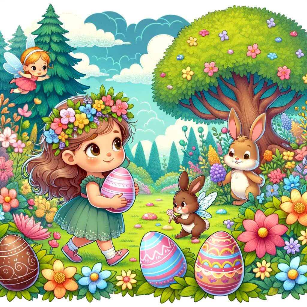 Une illustration pour enfants représentant une petite fille pleine d'énergie à la recherche d'œufs en chocolat dans un jardin enchanté.