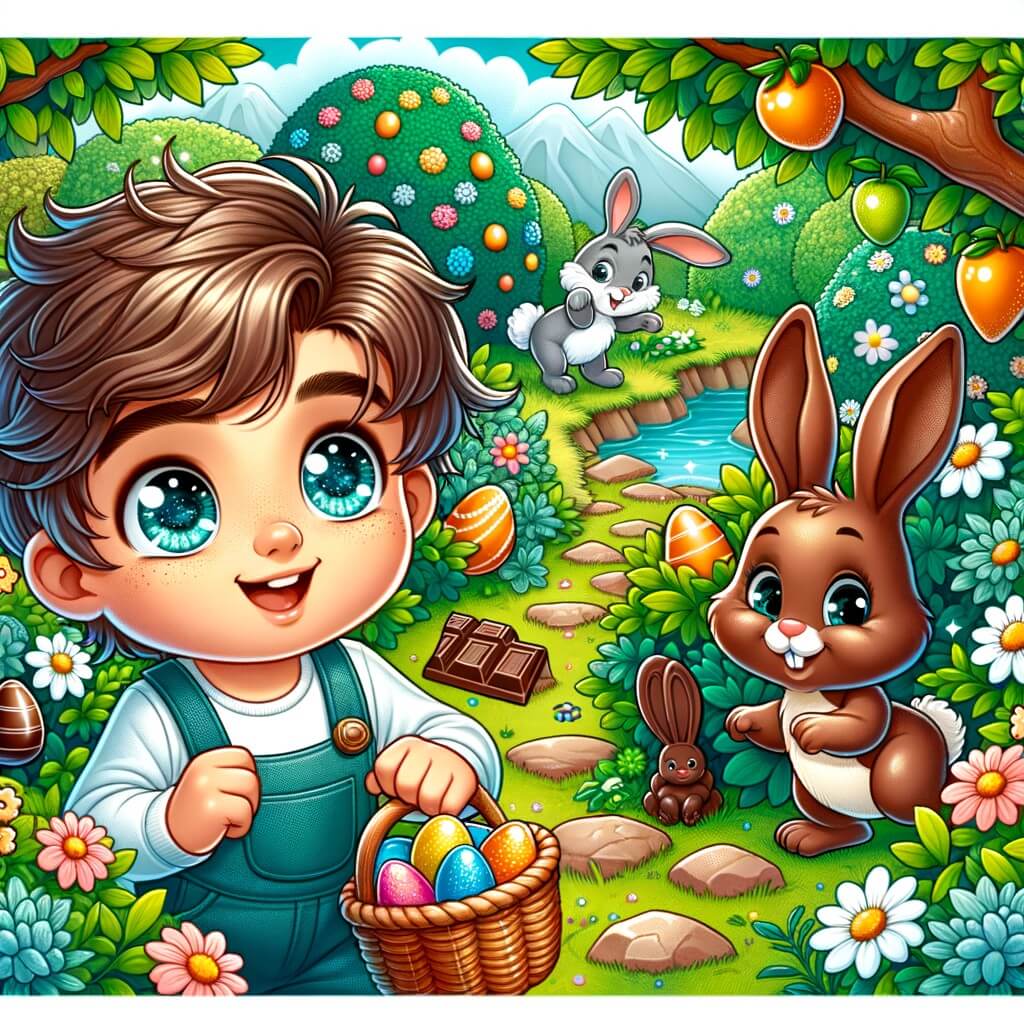 Une illustration pour enfants représentant un petit garçon plein d'énergie, vivant une aventure magique lors d'une chasse aux œufs mystérieuse dans le jardin enchanté de Chocolatville.