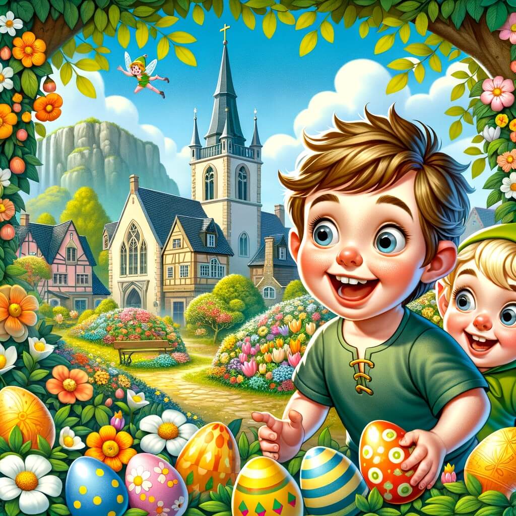 Une illustration pour enfants représentant un petit garçon plein d'excitation à la recherche des œufs de Pâques dans un village enchanté.