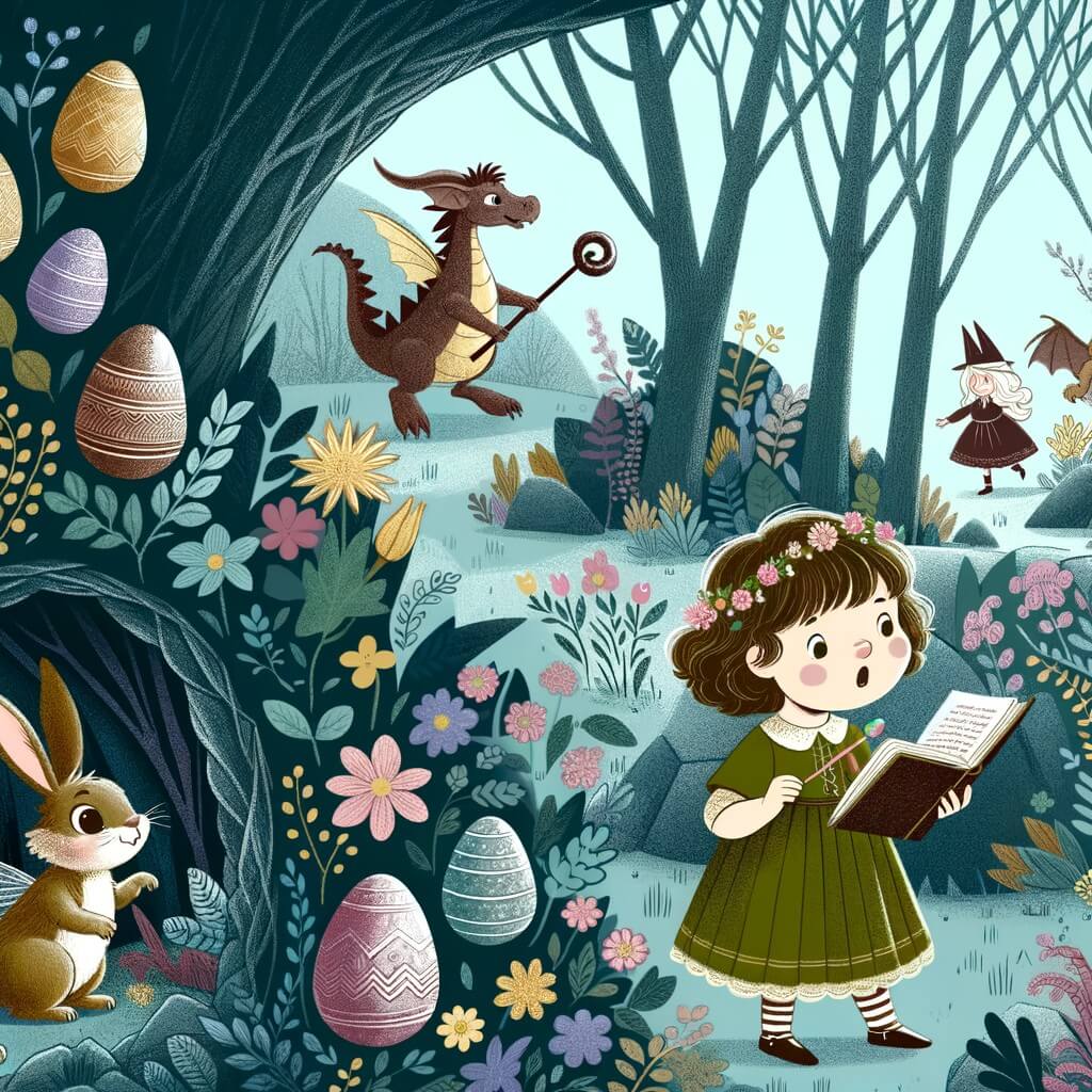 Une illustration destinée aux enfants représentant une petite fille curieuse qui se retrouve perdue dans une forêt mystérieuse après avoir suivi un lapin de Pâques, où elle rencontre une fée chocolatine et découvre une caverne remplie d'œufs en chocolat gardés par un gentil dragon.