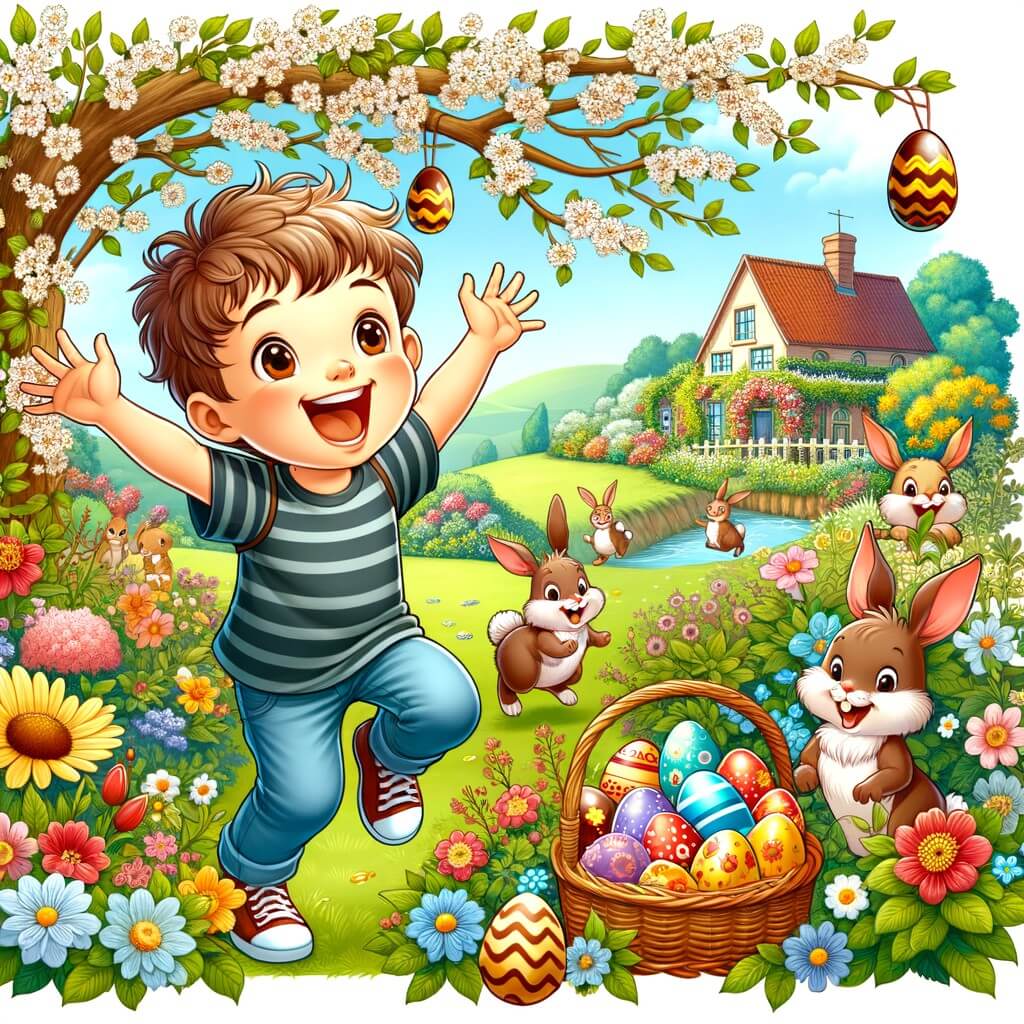 Une illustration destinée aux enfants représentant un petit garçon plein d'enthousiasme, attendant avec impatience Pâques, cherchant des œufs en chocolat dans un magnifique jardin fleuri avec des arbres en fleurs et des lapins gambadant joyeusement.