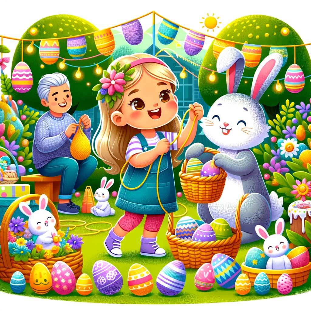 Une illustration destinée aux enfants représentant une petite fille pleine d'enthousiasme préparant Pâques avec sa famille, accompagnée d'un lapin magique, dans un jardin coloré rempli de lapins en peluche, d'oeufs en plastique et de guirlandes de Pâques.