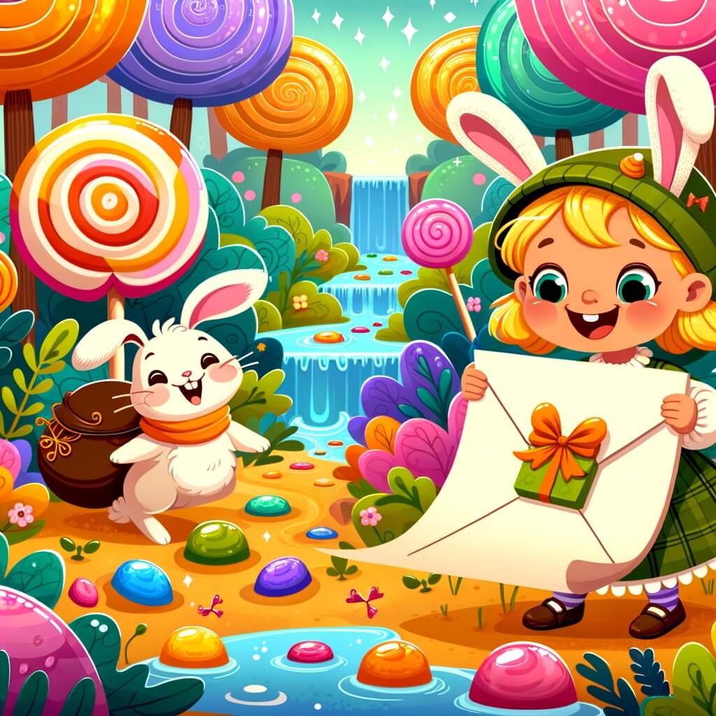 Une illustration pour enfants représentant une petite fille enthousiaste se lançant dans une chasse au trésor sucrée lors d'une journée magique de Pâques dans la mystérieuse Forêt du Chocolat.